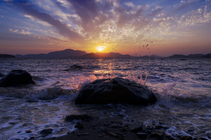 海浪，碰撞，岩石，日落，大海，浅滩，剪影，高对比度