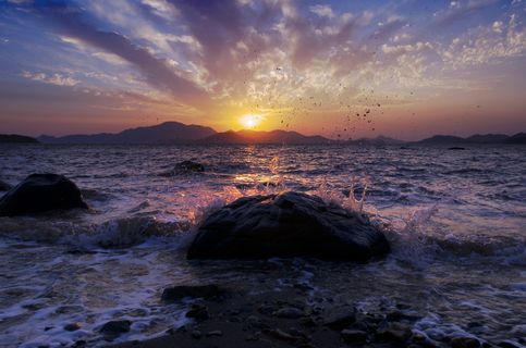 海浪,碰撞,岩石,日落,大海,浅滩,剪影,高对比度 海浪,碰撞,岩石,日落,大海,浅滩,剪影,高对比度