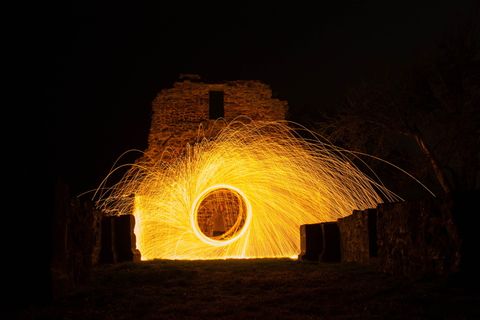 德国, 瓦尔德克, 萨克森豪森, 废墟, 夜, 灯, 火花