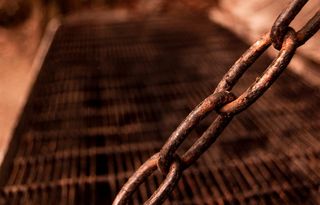 生锈、链条、链环、格栅、钢、金属、安全、特写