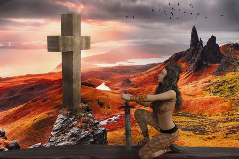 战士，女人，战士，剑，十字架，信仰，日落，黎明