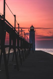 美国，曼尼斯特，密歇根，纯密歇根，日落，灯塔，云朵，穆迪