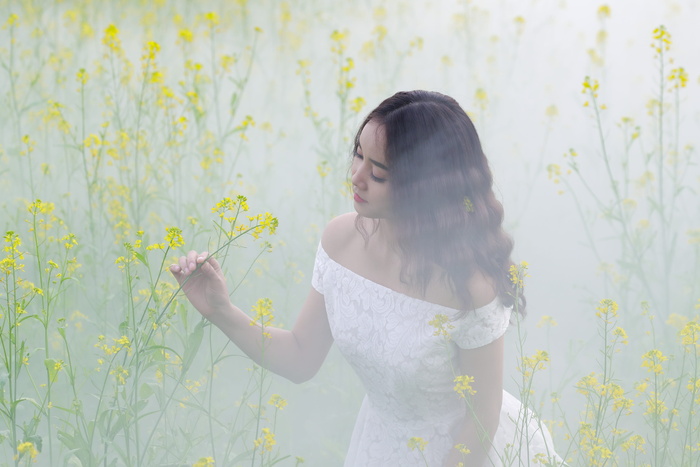 女士，穿着，白色，露肩连衣裙，手持，黄色，花，肖像