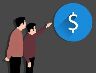 两名男子——插图——看着一个货币标志图标。