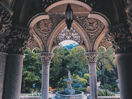 葡萄牙、辛特拉、科隆、花园、城堡、灰泥、喷泉、池塘