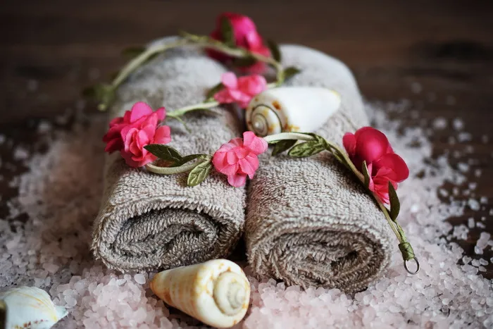 二，灰色，毛巾，花，贝壳，水疗，贻贝，放松