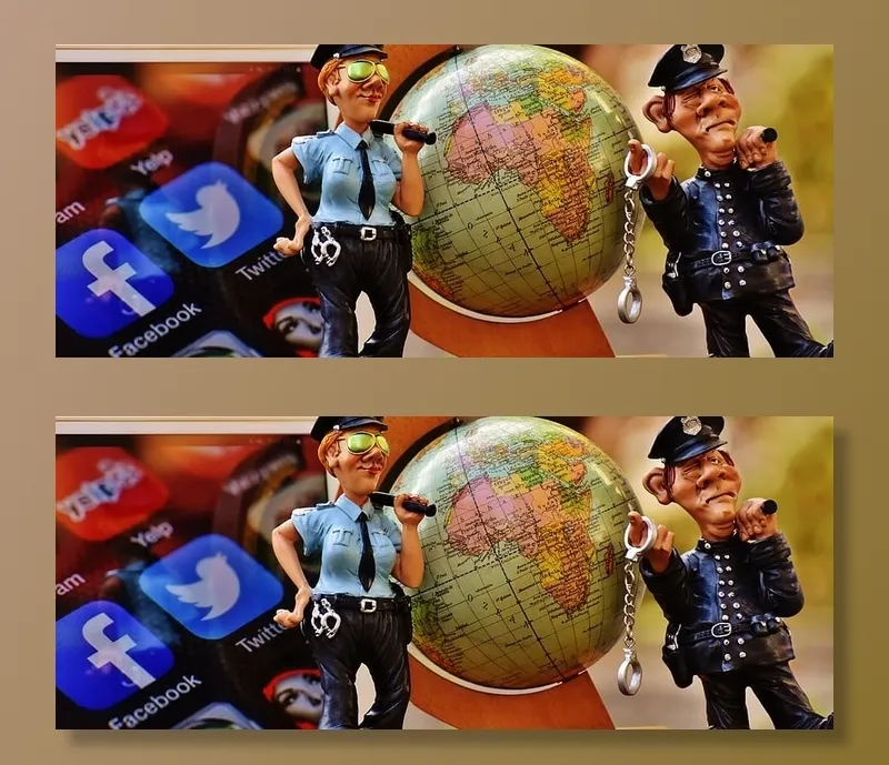 警察雕像、社交媒体、互联网、安全、全球、全球、警察、社交网络