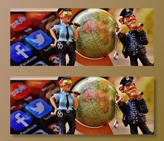 警察雕像、社交媒体、互联网、安全、全球、全球、警察、社交网络