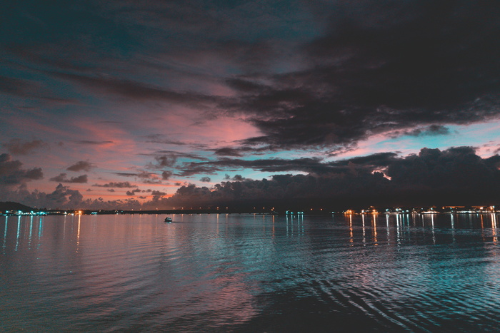 海、黎明、风景、自然、海滩、傍晚、灯光、镜像