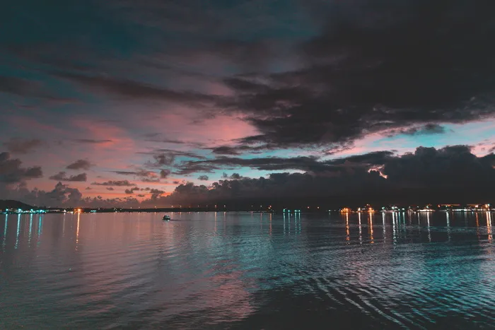 海、黎明、风景、自然、海滩、傍晚、灯光、镜像