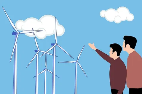 风力发电场可再生清洁能源发电示意图。人们在看风力涡轮机。 风力发电场可再生清洁能源发电示意图。人们在看风力涡轮机。