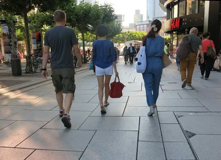 步行区、购物、夏季、城市、步行、建筑、后视图、人群