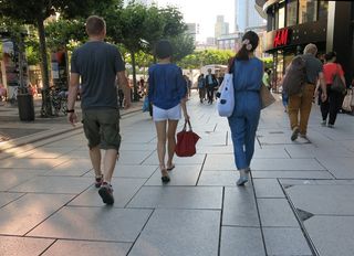 步行区、购物、夏季、城市、步行、建筑、后视图、人群