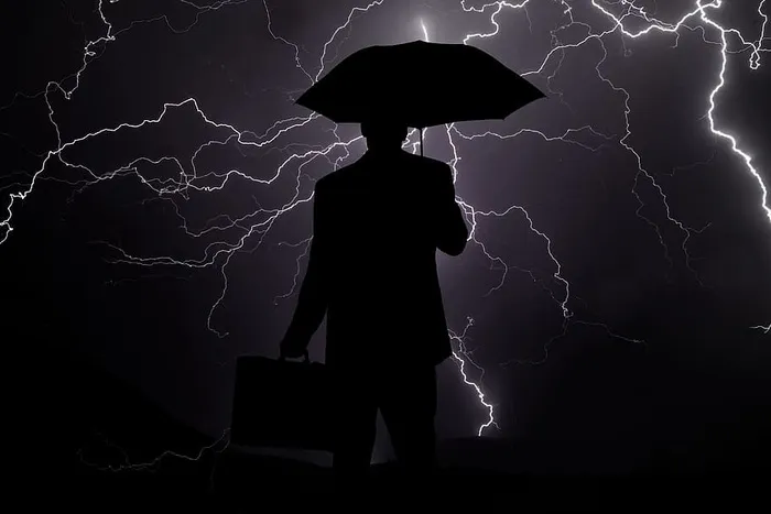 剪影，男人，手拿，公文包，雨伞，商人，危机，雨