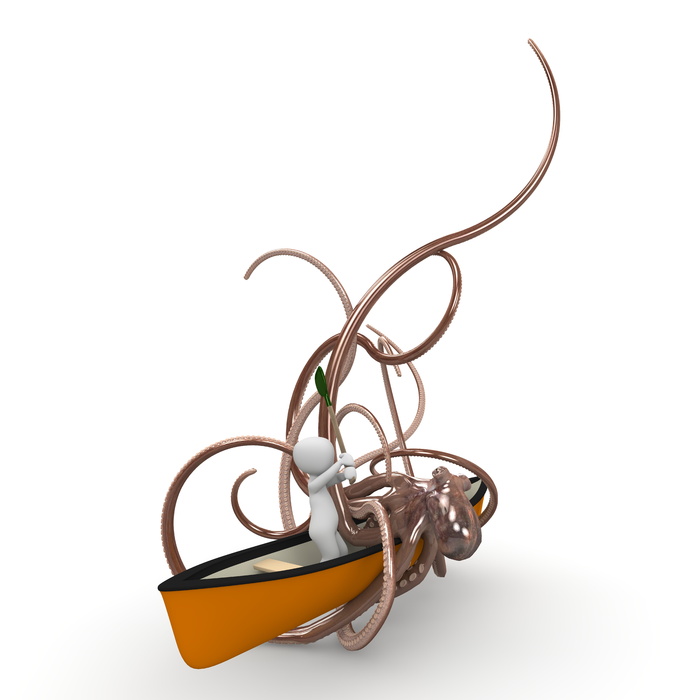 人，橙色，船，被攻击，巨型章鱼插图，靴子，乘船旅行，划船