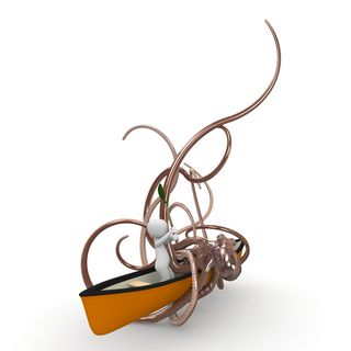 人，橙色，船，被攻击，巨型章鱼插图，靴子，乘船旅行，划船