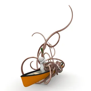 人，橙色，船，被攻击，巨型章鱼插图，靴子，乘船旅行，划船