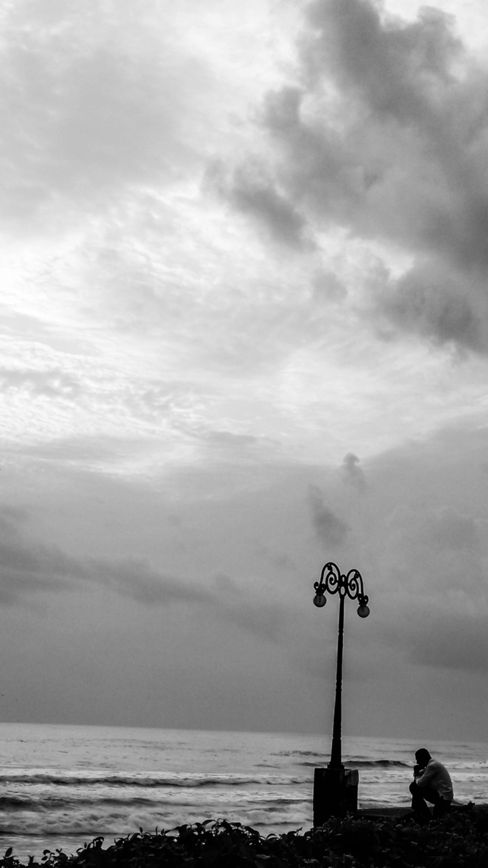 印度, 科泽科德, 科泽科德海滩, 海滨, 海, bandw, 单独, 海滩