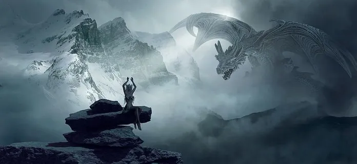 幻想,龙,岩石,山,女人,女孩,石头,云 幻想,龙,岩石,山,女人,女孩,石头,云