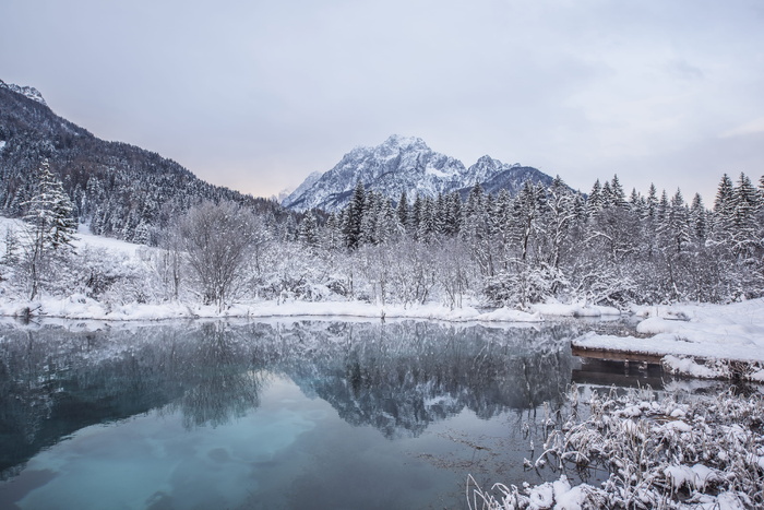 黄昏时分，灰蒙蒙的天空下，水面旁的树木和山脉被雪覆盖