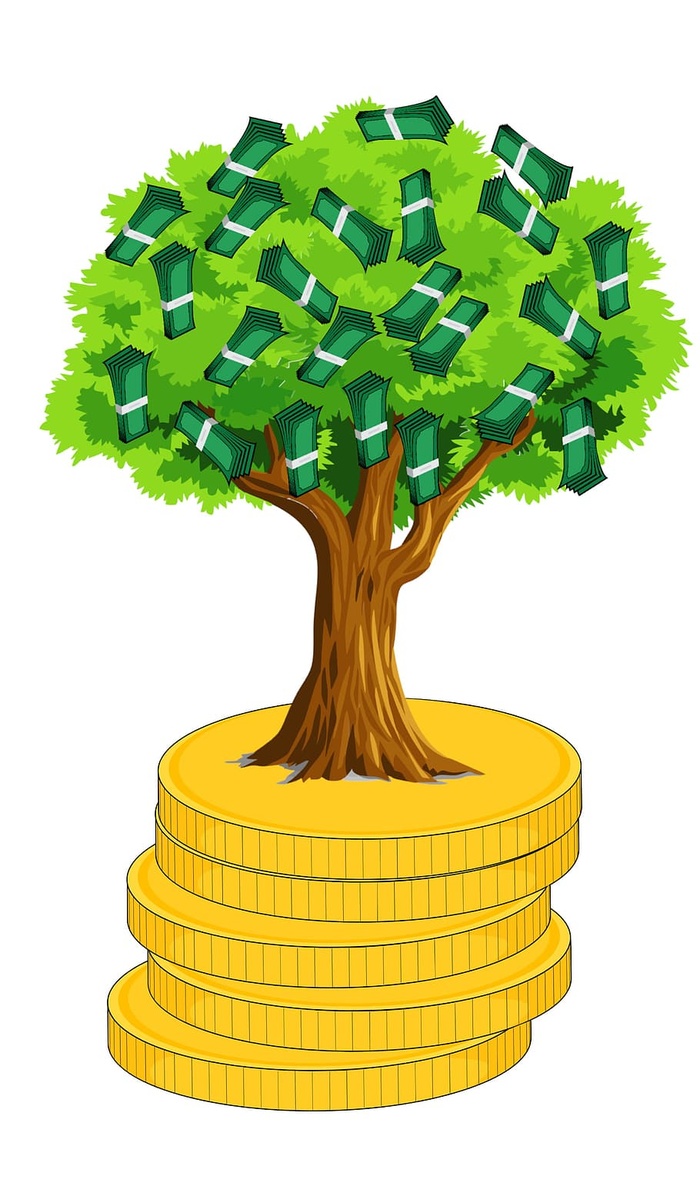 钱币树生长在一堆金币上的插图。
