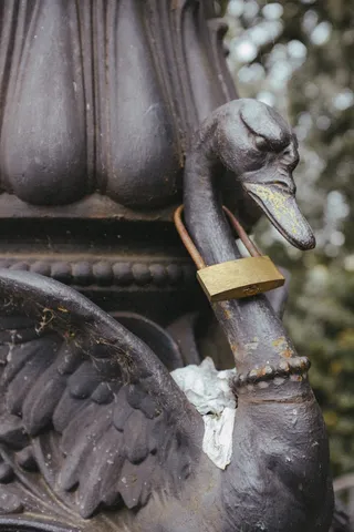 脖子上带锁的天鹅雕塑