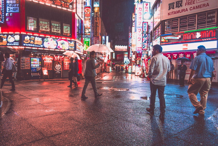 日本, 新宿, 城市景观, 灯, 霓虹灯, 红色, 伞, 雨