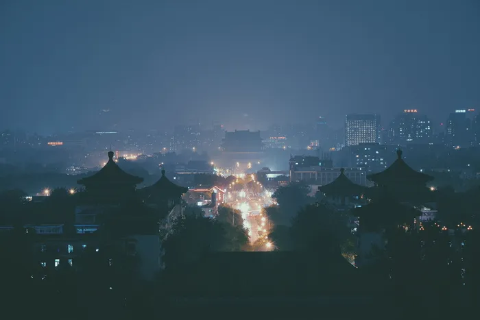 鸟瞰、视图、建筑物、夜间、摄影、城市、夜间、黑暗