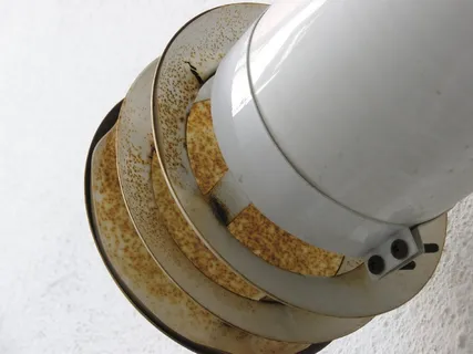 壁炉、管、氧化物、生锈、静物画、高角度视图、室内、特写