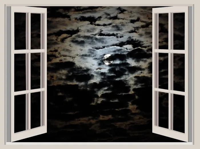 白色，打开，窗户，俯瞰，云，覆盖，满月画，夜晚