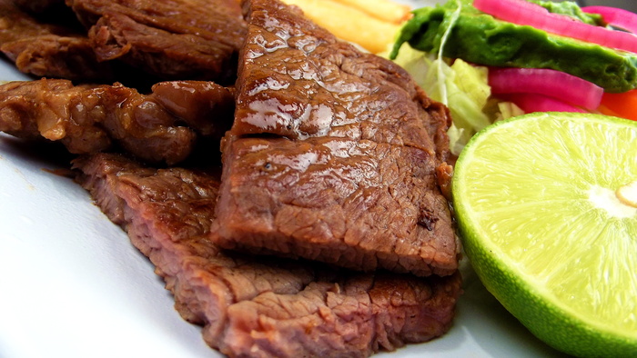 牛排，旁边，切片，柑橘，水果，肉，浅田，盘子