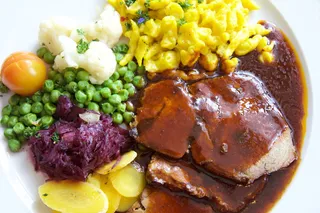 熟食、肉、豆、酱、菜单、吃、餐、烤猪