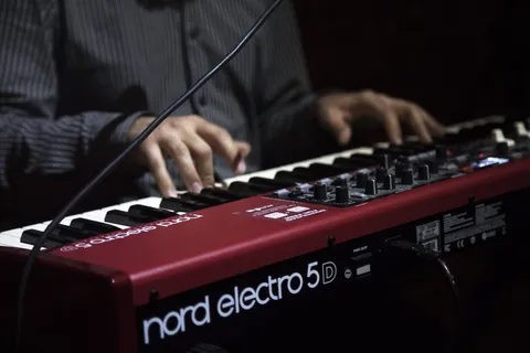 玩红色和黑色Nord Electro 5d键盘的人 玩红色和黑色Nord Electro 5d键盘的人