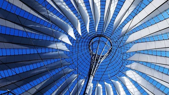 低，角度视图，塔，屋顶，玻璃，金属，大厅，窗户