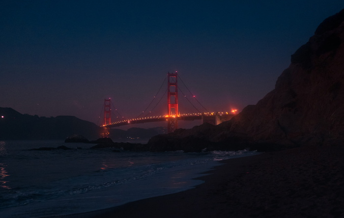 旧金山, 金门大桥, 美国, 灯, 夜, 贝克海滩, 贝克, 海滩