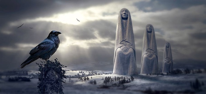 幻想，冬天，雪，雕塑，乌鸦，鸟，光，人物