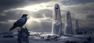 幻想，冬天，雪，雕塑，乌鸦，鸟，光，人物