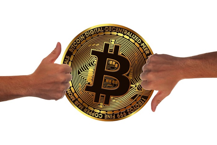 货币、比特币、反馈、拇指、高、低、同意、拒绝