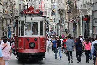 红色, 白色, 电车, 电车, 伊斯坦布尔, 土耳其, istiklal, 人们