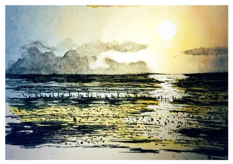 海岸，金色，小时绘画，水彩画，绘画，日落，海，水彩画，绘画