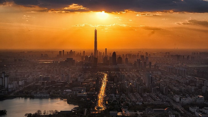 航空，摄影，城市天际线，日落，天津，黄昏，城市，风景