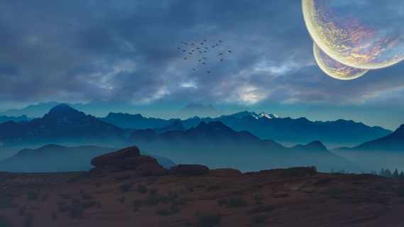 鸟，飞翔，天空，山画，行星，宇宙，月亮，太阳