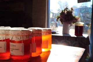 蜂蜜、琥珀色、金色、容器、聚焦前景、阳光、桌子、白天