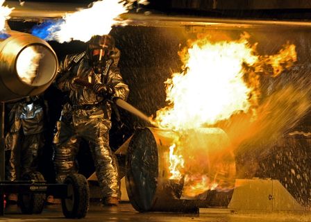 消防员、培训、现场、火灾、受控、防护、危险、设备