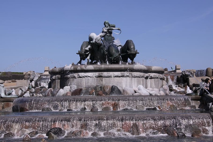 格菲恩，喷泉，石头，哥本哈根，丹麦，蓝天，首都，丹麦