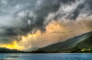 粗糙、日落、湖泊、云、水、山脉、hdr、自然