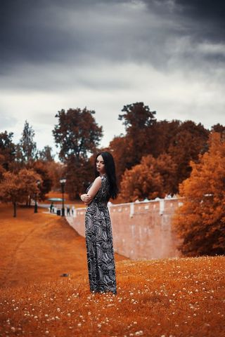 女士，黑色，灰色，花朵，无袖连衣裙，棕色，树木，白天