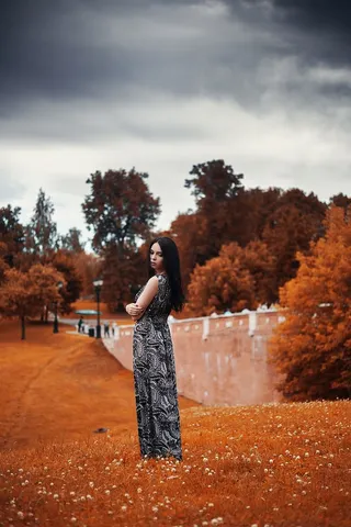 女士，黑色，灰色，花朵，无袖连衣裙，棕色，树木，白天