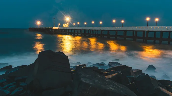 水，海滨，港口，码头，倒影，码头长曝光，夜晚，风景