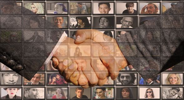 男人、女人肖像、数字、海报、握手、握手、和平、和谐